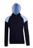 A men's hoodie featuring a contrast panel design in navy and light blue. It has a front pocket and a hood.