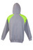 A grey hoodie featuring bright green contrast panels on the shoulders and a hood. Includes a logo.