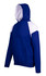 A blue and white men's hoodie featuring contrast panel design and a front pocket. Includes a hood and branding logo.