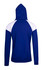 A blue hoodie with contrasting white panels on the shoulders and back, featuring a hood and fitted waistband.