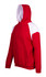 A red hoodie featuring white contrast panels on the shoulders, complete with a front pocket and a hood.