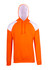 An orange hoodie with white contrast panels, featuring a front pocket and a drawstring hood.