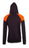 A black hoodie featuring orange contrast panels on the shoulders and a hood. It has a simple design with no visible logos.
