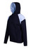 A navy and light blue men's hoodie with a contrast panel design and a front pocket. Features a hood and has a logo.