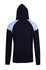 A navy hoodie featuring light blue contrast panels on the shoulders and a hood. Includes a logo.