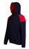 A navy and red men's hoodie featuring contrast panel detailing and a front pocket. It includes a hood and has a logo.