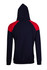 A navy hoodie with a red shoulder contrast panel and a hood, featuring a logo on the back.