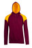 A maroon hoodie with yellow contrast panels, featuring a hood and a front pocket. It has a logo on it.
