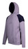 A grey hoodie with navy shoulder contrast panels and a front pocket. Features a drawstring hood and a logo.