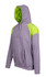 A grey hoodie featuring lime green contrast panels, with a front pocket and drawstring hood, and a logo on it.