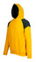 A yellow hoodie with dark green contrast panels, featuring a front pocket and a drawstring hood.