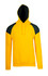 A bright yellow hoodie featuring black contrast panels, with a front pocket and an adjustable hood.