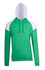 A green hoodie featuring white contrast panels, with a front pocket and a drawstring hood. It has a logo.
