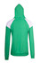 A green hoodie featuring white contrast panels on the shoulders. It has a hood and a fitted design.