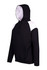 A black hoodie with white contrast panels on the shoulders and a front pocket. Features a hood and a logo.
