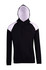 A black hoodie with white contrast panels on the shoulders and a front pouch pocket. Includes a hood and drawstrings.