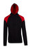 A black hoodie with red contrast panels on the shoulders and a red-lined hood. Features a central pocket and a logo.