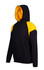 A black hoodie with yellow contrast panels on the shoulders and a front pocket. It features a hood and has a logo.