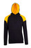 A black hoodie with a yellow contrast panel and hood, featuring a front pocket and adjustable drawstrings.
