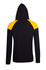 A black hoodie featuring yellow contrast panels on the shoulders and a hood. It has a logo on it.