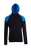 A black hoodie with blue contrast panels and a blue hood, featuring a front pocket and a hood with drawstrings.