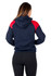 A women's juniors hoodie featuring contrast red shoulder panels and a navy body, with a hood and fitted design.