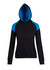 A black hoodie with a blue contrast panel and a hood, featuring a logo on the front.