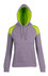 A grey hoodie with contrast lime green shoulder panels and a hood. Features a logo on the front.