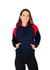A navy and red hoodie featuring a contrast panel design and a front pocket, displayed on a model.