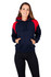 A woman wearing a navy and red shoulder contrast panel hoodie with a pocket and hood. The hoodie has a logo.