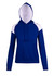 A women's junior hoodie in navy blue with white contrast panels and a front pocket. It features a hood and drawstrings.