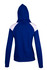 A women's juniors hoodie in navy blue with white contrast panels on the shoulders and a hood.