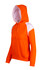 An orange hoodie featuring white contrast panels, a front pocket, and a drawstring hood. It has a logo.