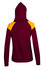 A women's juniors hoodie featuring a burgundy body and yellow contrast panels on the shoulders. It has a hood and long sleeves.