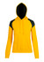 A yellow hoodie with a black contrast panel on the shoulders and a kangaroo pocket. It features a hood and has a logo.
