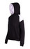 A black hoodie with contrast white panels on the shoulders, featuring a front pocket and a drawstring hood.