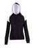 A women's juniors hooded jumper featuring black and white contrast panels, with a front pocket and drawstring.