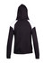 A black hoodie with white contrast panels on the shoulders, featuring a fitted design and a hood.