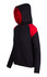 A black hoodie with red shoulder panels and a red interior, featuring a front pocket and a hood.