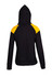 A hooded women's juniors hoodie featuring black fabric with yellow contrast panels on the shoulders and a logo.