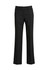 A pair of black women's relaxed stretch wool pants, featuring a straight leg design. There is a logo on the waistband.