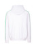 A hoodie in white with green stripe detailing along the sleeves and a drawstring hood. Features a logo.