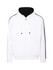 A white hoodie with black stripe accents on the sleeves and a front zip closure. It features a hood and has a logo.