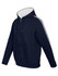 A navy hoodie with white stripe sleeves, featuring a front zipper and a hood, along with a front pocket and branding.