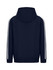 A navy hoodie with white stripe sleeves and a hood, featuring a logo on the back.