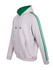 A grey hoodie with green stripe sleeves, featuring a full zipper and pockets, and a hood. It has a logo.