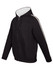 A black unbrushed hoodie with stripe sleeves, featuring a front zipper and a hood. It has a logo on it.