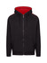 A black hoodie featuring red stripe sleeves, a front zipper, and a kangaroo pocket. It has a hood and a logo.