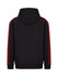 A black hoodie featuring red stripe detailing on the sleeves and a hood. Includes a branding logo.