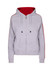 A grey hoodie with red stripe sleeves, featuring a front zip and kangaroo pockets. It has a hood and a brand logo.